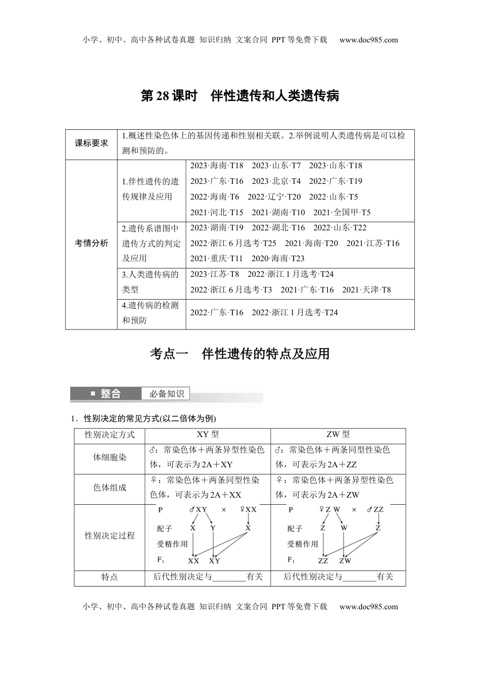 高考生物复习  第五单元　第28课时　伴性遗传和人类遗传病.docx