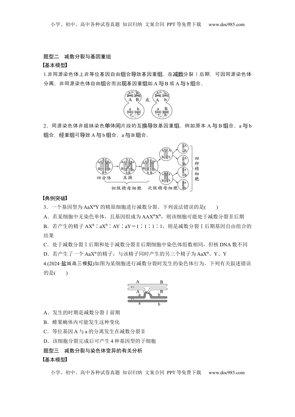 高考生物复习  第四单元　专题突破4　减数分裂与可遗传变异的关系.docx