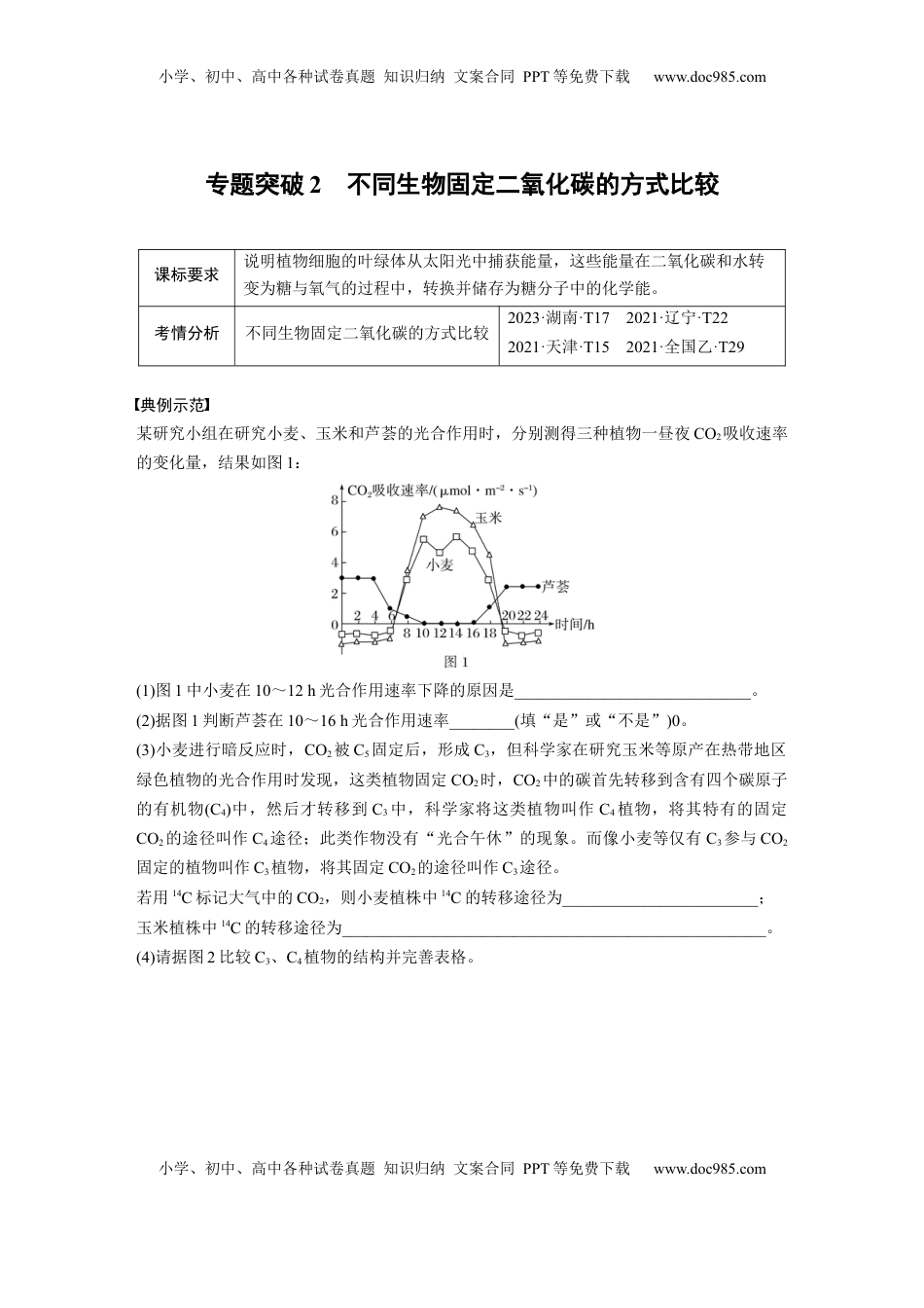 高考生物复习  第三单元　专题突破2　不同生物固定二氧化碳的方式比较.docx