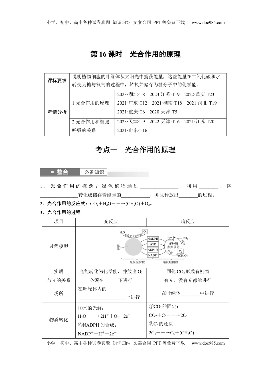 高考生物复习  第三单元　第16课时　光合作用的原理.docx