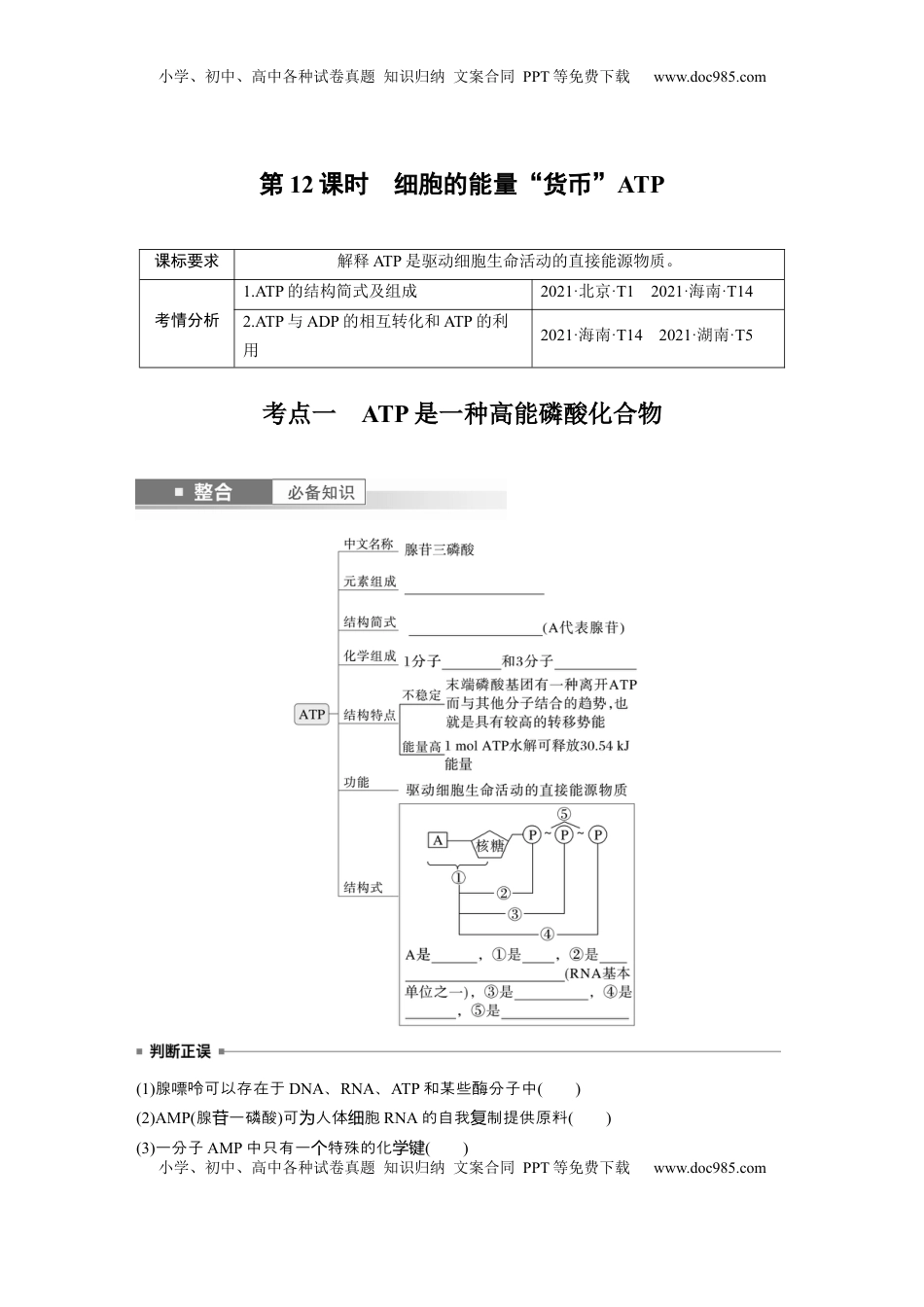 高考生物复习  第三单元　第12课时　细胞的能量“货币”ATP.docx