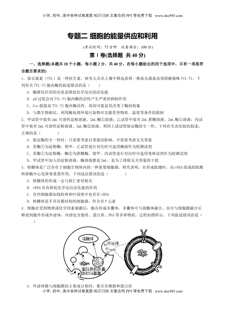 高考生物复习  专题二 细胞的能量供应和利用（原卷版）.docx