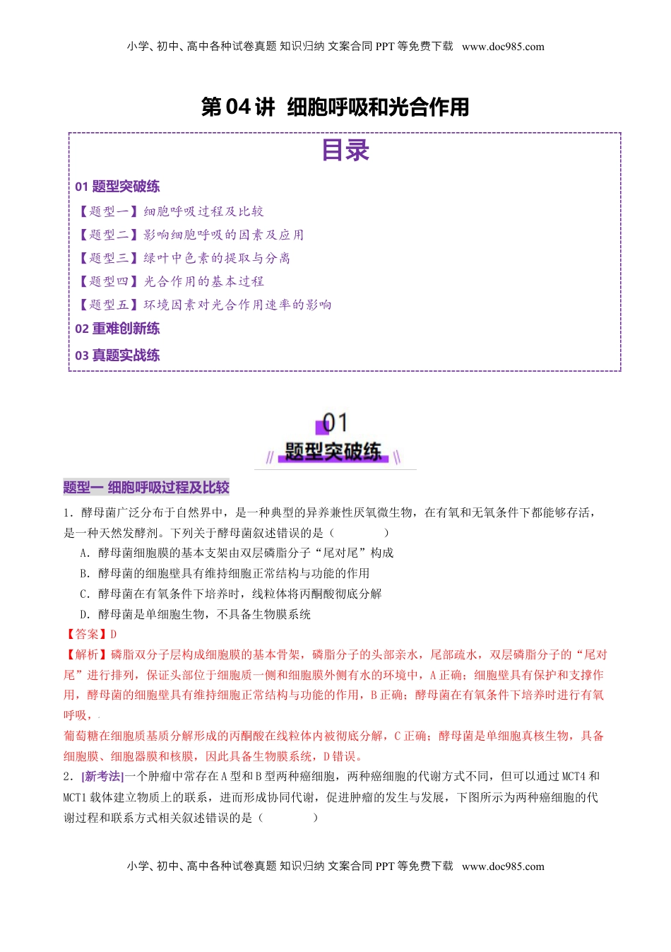 高考生物复习  第04讲 细胞呼吸和光合作用（专项训练）（解析版）.docx