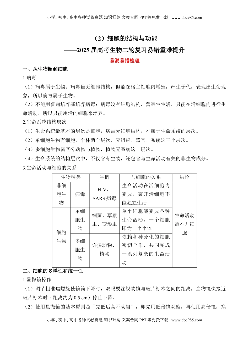 高考生物复习  （2）细胞的结构与功能——2025届高考生物二轮复习易错重难提升（含解析）.docx