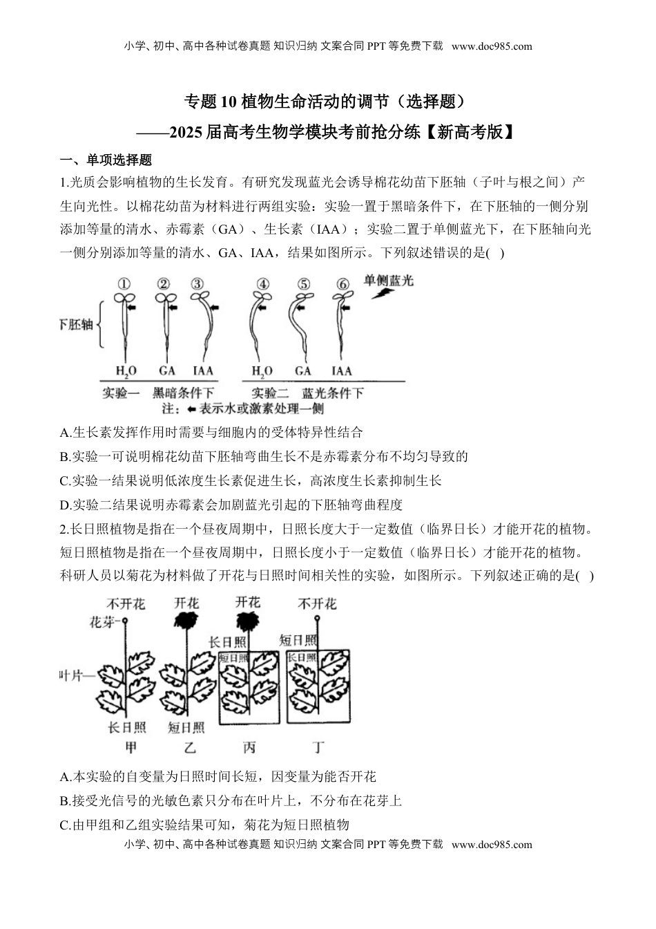 高考生物复习  专题10 植物生命活动的调节（选择题）——2025届高考生物学模块分练【新高考版】（含解析）.docx