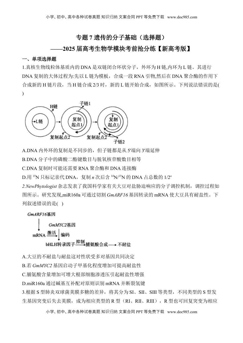 高考生物复习  专题7 遗传的分子基础（选择题）——2025届高考生物学模块分练【新高考版】（含解析）.docx