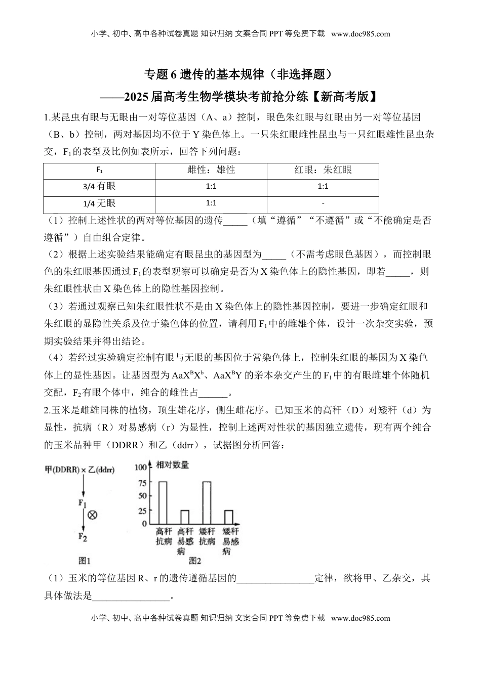 高考生物复习  专题6 遗传的基本规律（非选择题）——2025届高考生物学模块分练【新高考版】（含解析）.docx