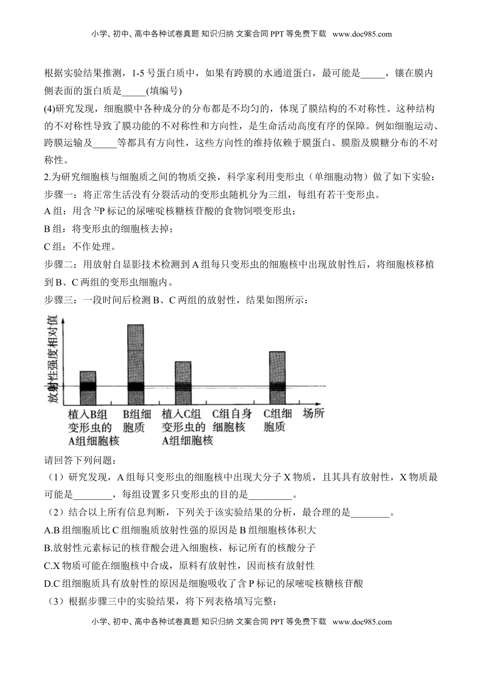 高考生物复习  专题2 细胞的结构与物质运输（非选择题）——2025届高考生物学模块分练【新高考版】（含解析）.docx