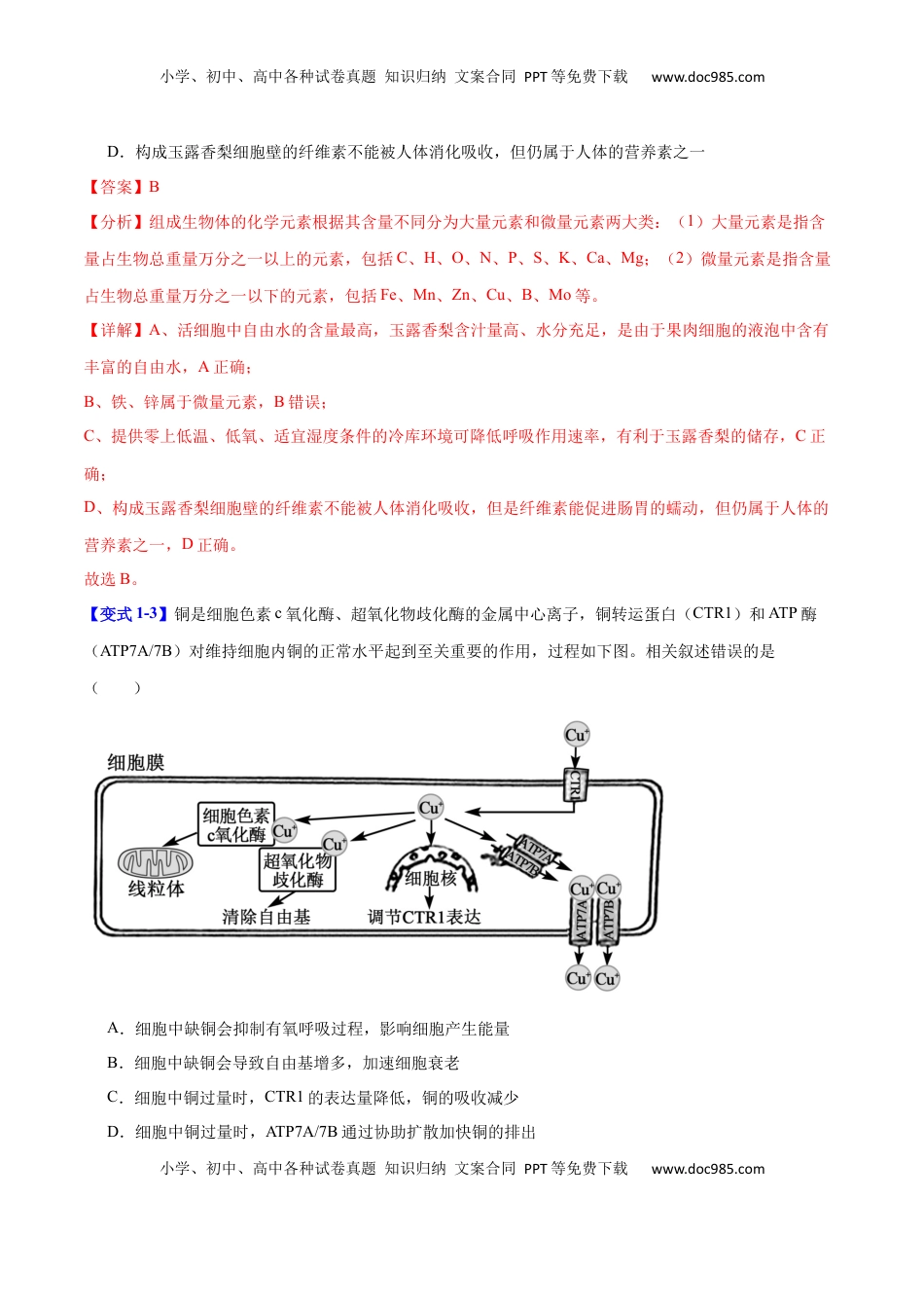 高考生物复习  专题一  细胞的分子组成、结构与功能（解析版）.docx
