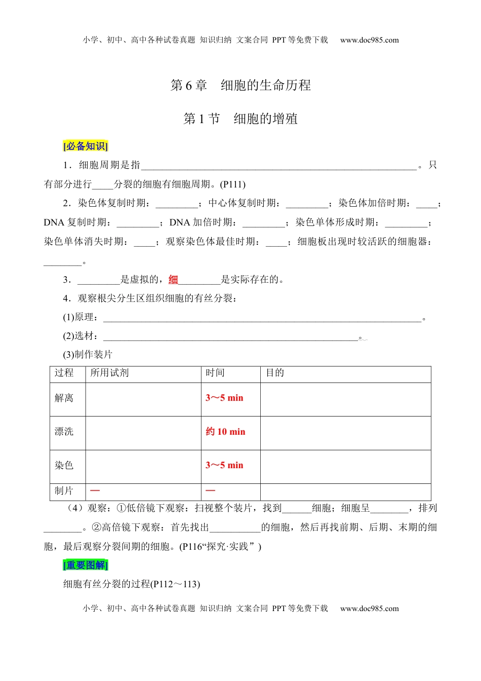 高考生物复习  第6章 细胞的生命历程（填空版）.docx