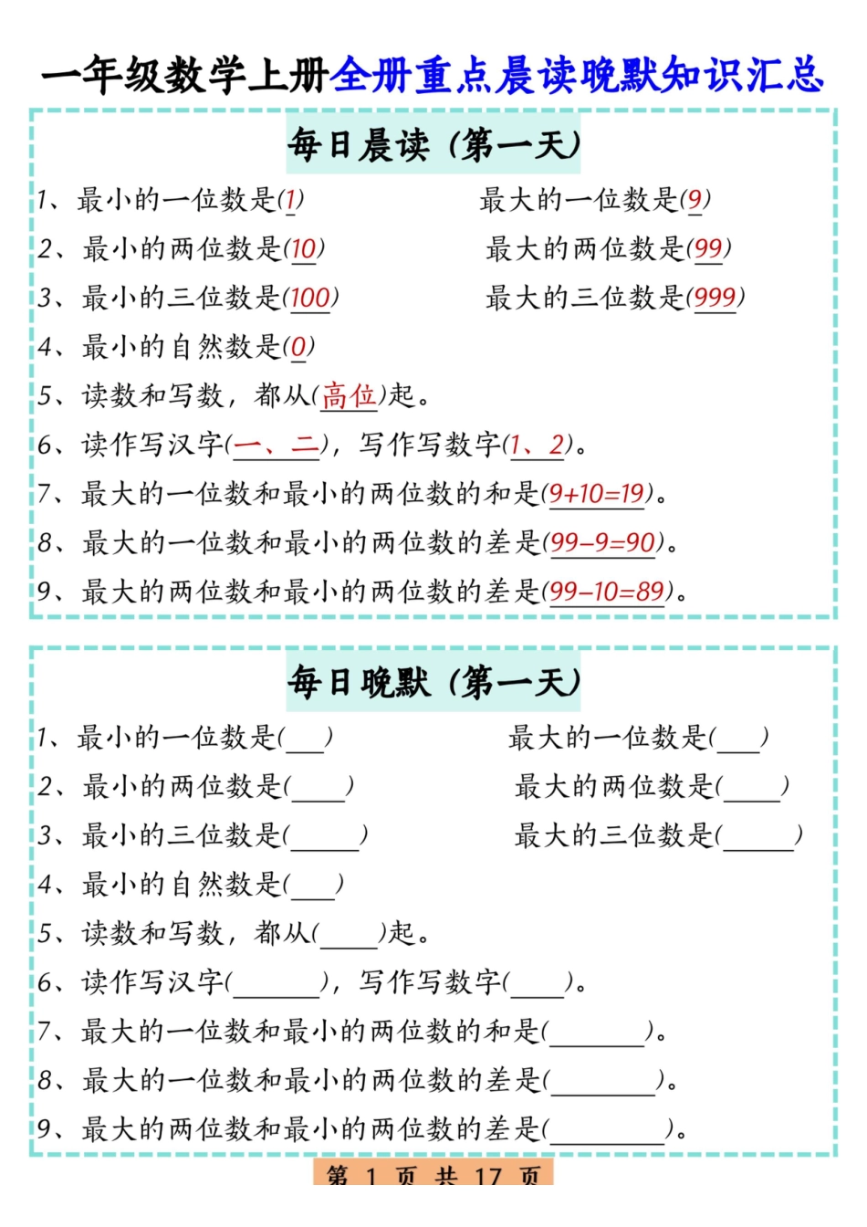 一上数学全册重点晨读晚默知识汇总17天 (1).pdf
