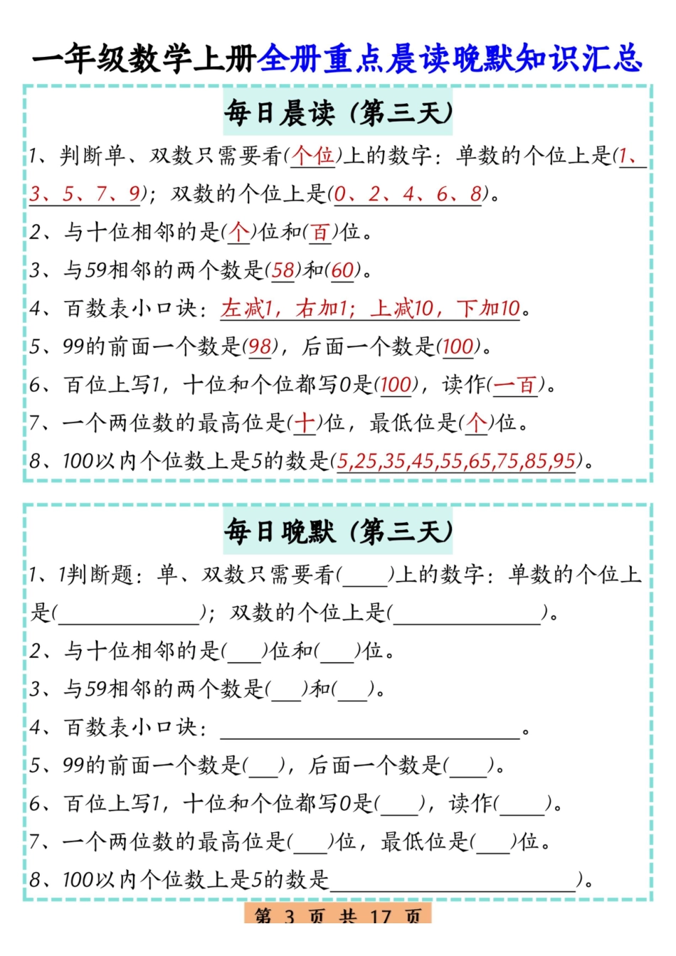 一上数学全册重点晨读晚默知识汇总17天 (1).pdf