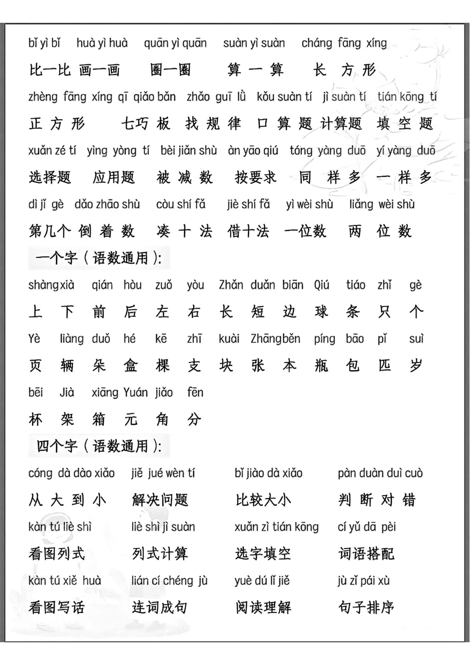 一年级语文数学考试常用常见字.pdf