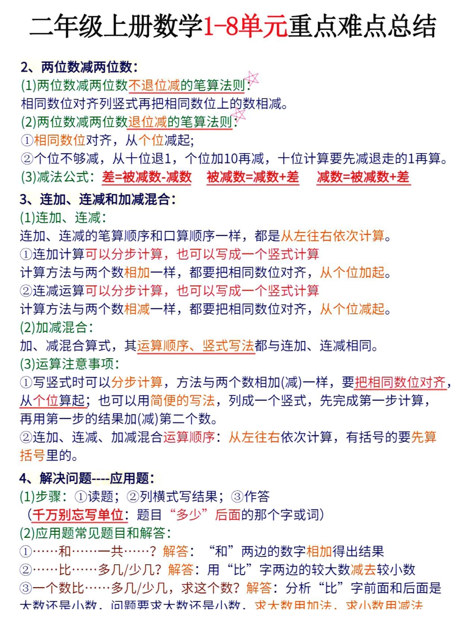二年级上册数学1-8单元重点难点总结.pdf