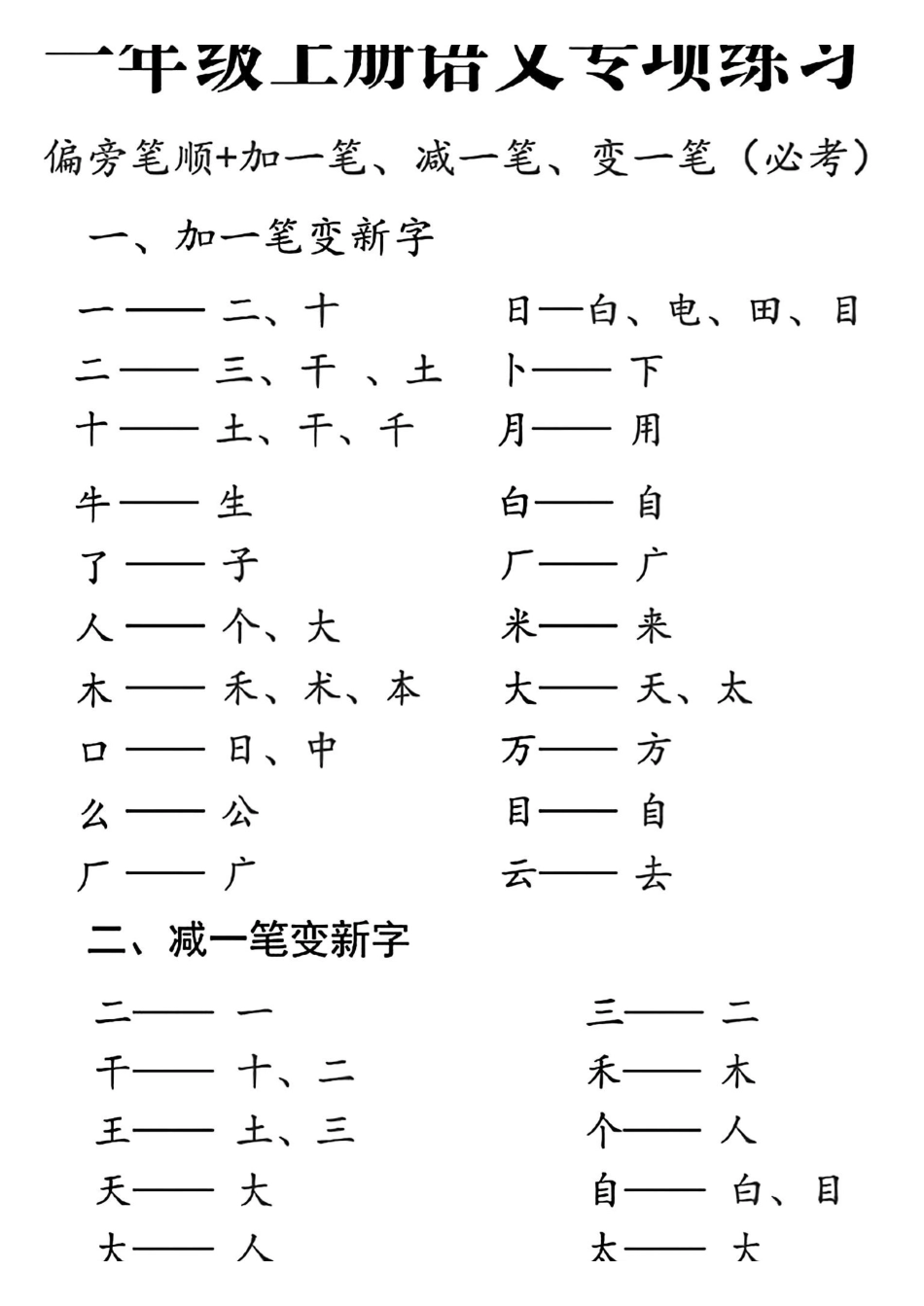 一年级上册语文加一笔变新字专项练习.pdf