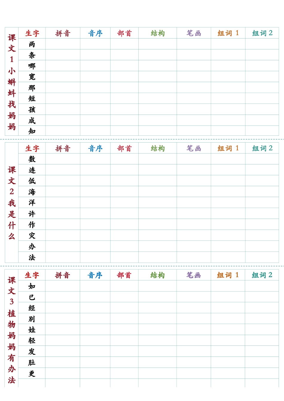 25新版二年级下册语文生字预习卡（版本2）(2).pdf