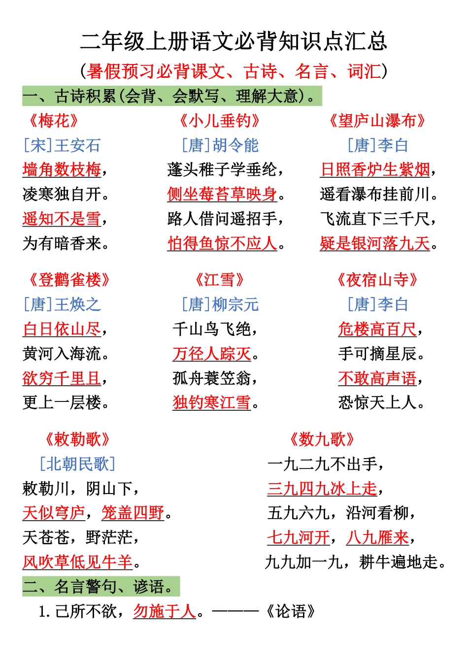 二上语文必背知识点汇总（暑假预习必背课文、古诗、名言、词汇）18页(1)(2).pdf