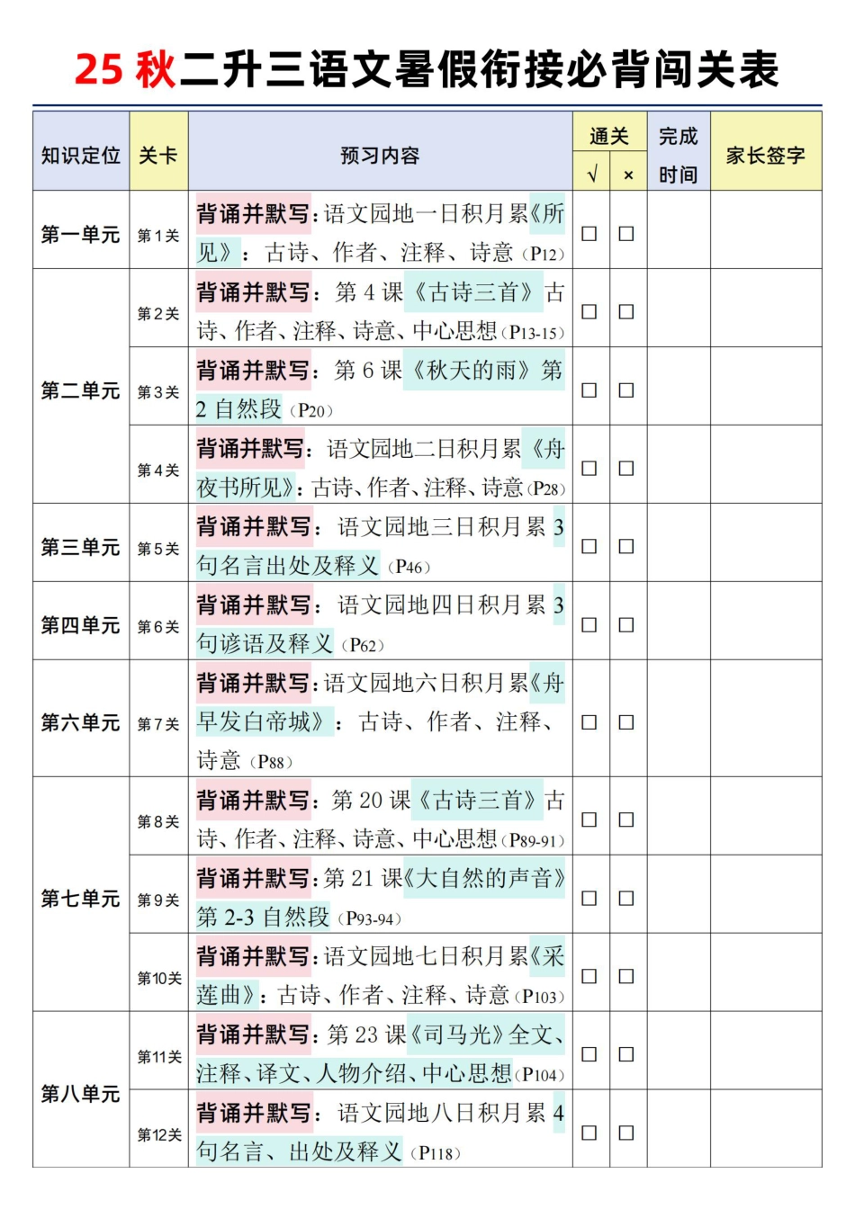 25秋新版二升三语文暑假衔接必背闯关表（耘知教辅原创资料，盗卖必究）.pdf