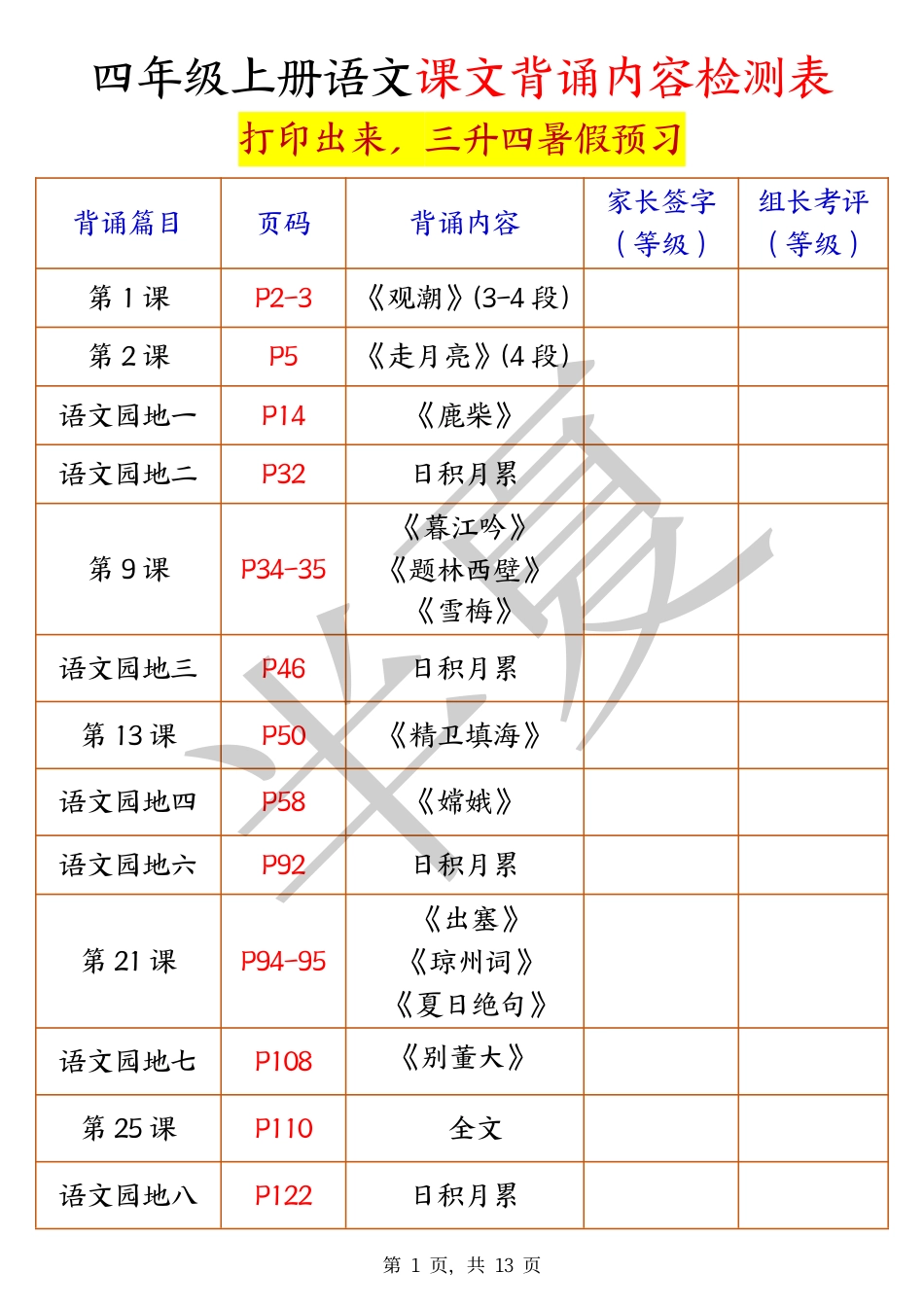 0622三升四暑假预习四上语文课文背诵内容检测表（13页）.pdf