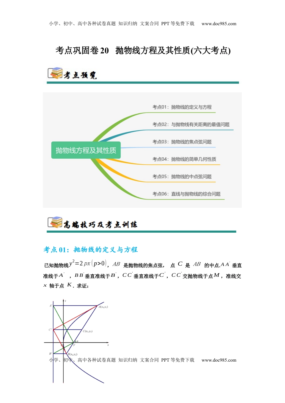 高考数学复习  考点巩固卷20 抛物线方程及其性质(六大考点)（解析版）.docx