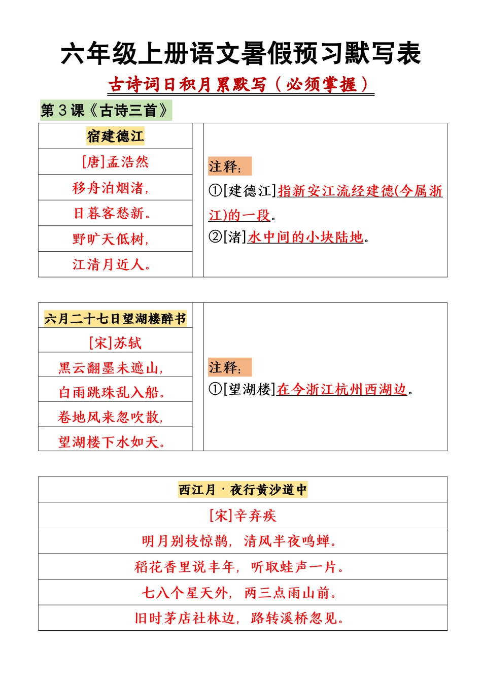 六上语文【暑假预习默写表（古诗词日积月累默写）（空白+答案）】.pdf