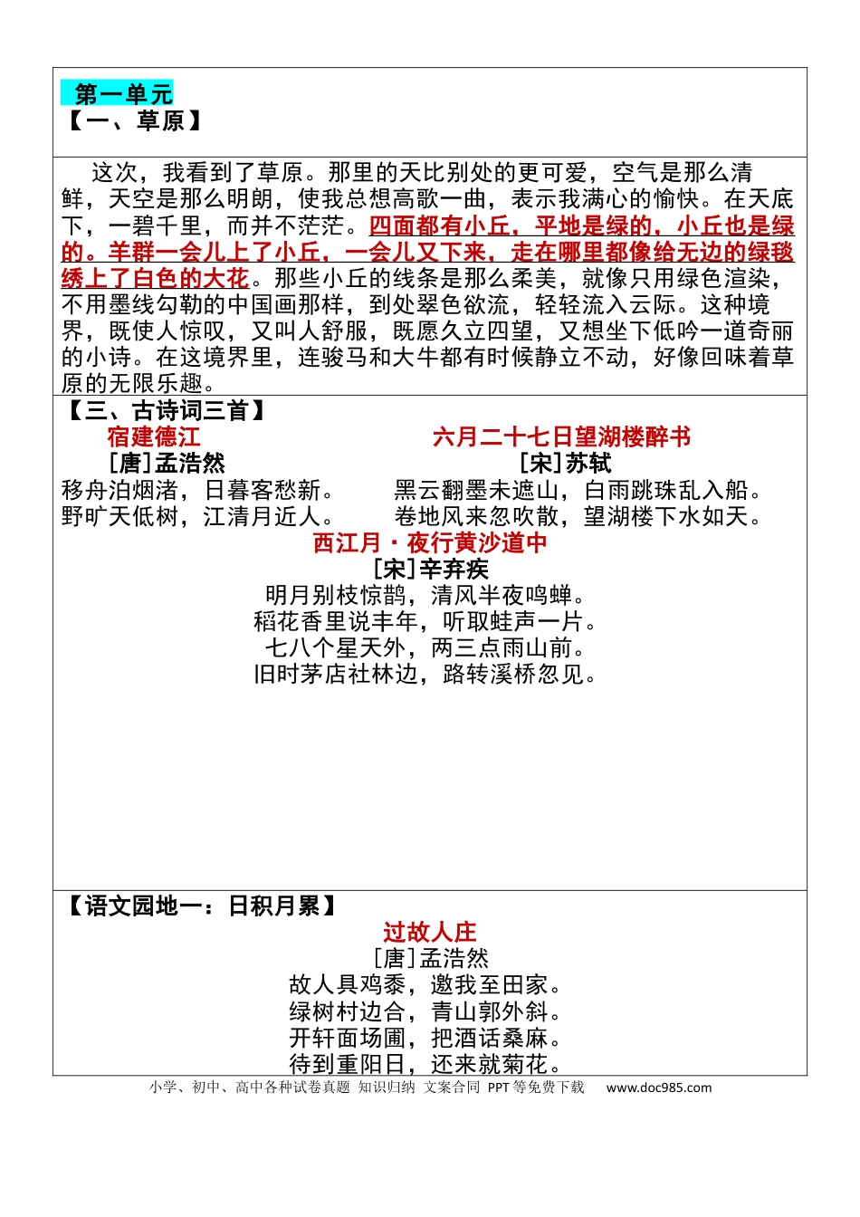 五升六语文【暑假必背课文内容闯关表】.docx