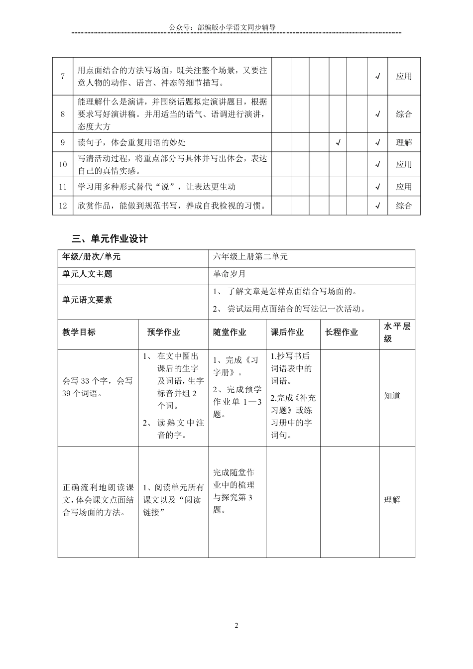 部编版小学语文同步辅导：六年级上册第2单元作业设计.pdf