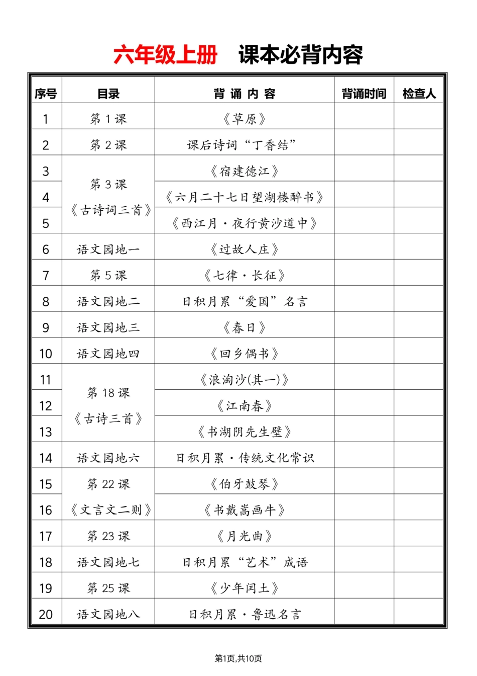 六年级上册语文暑假预习必背课文汇总.pdf