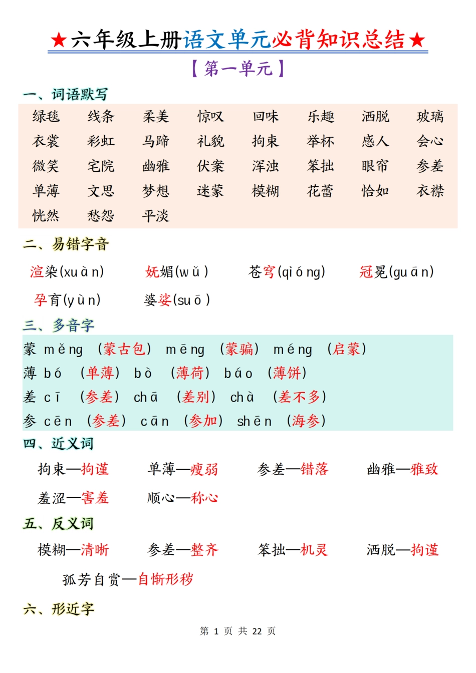 六上语文1-8单元必背知识总结22页.pdf