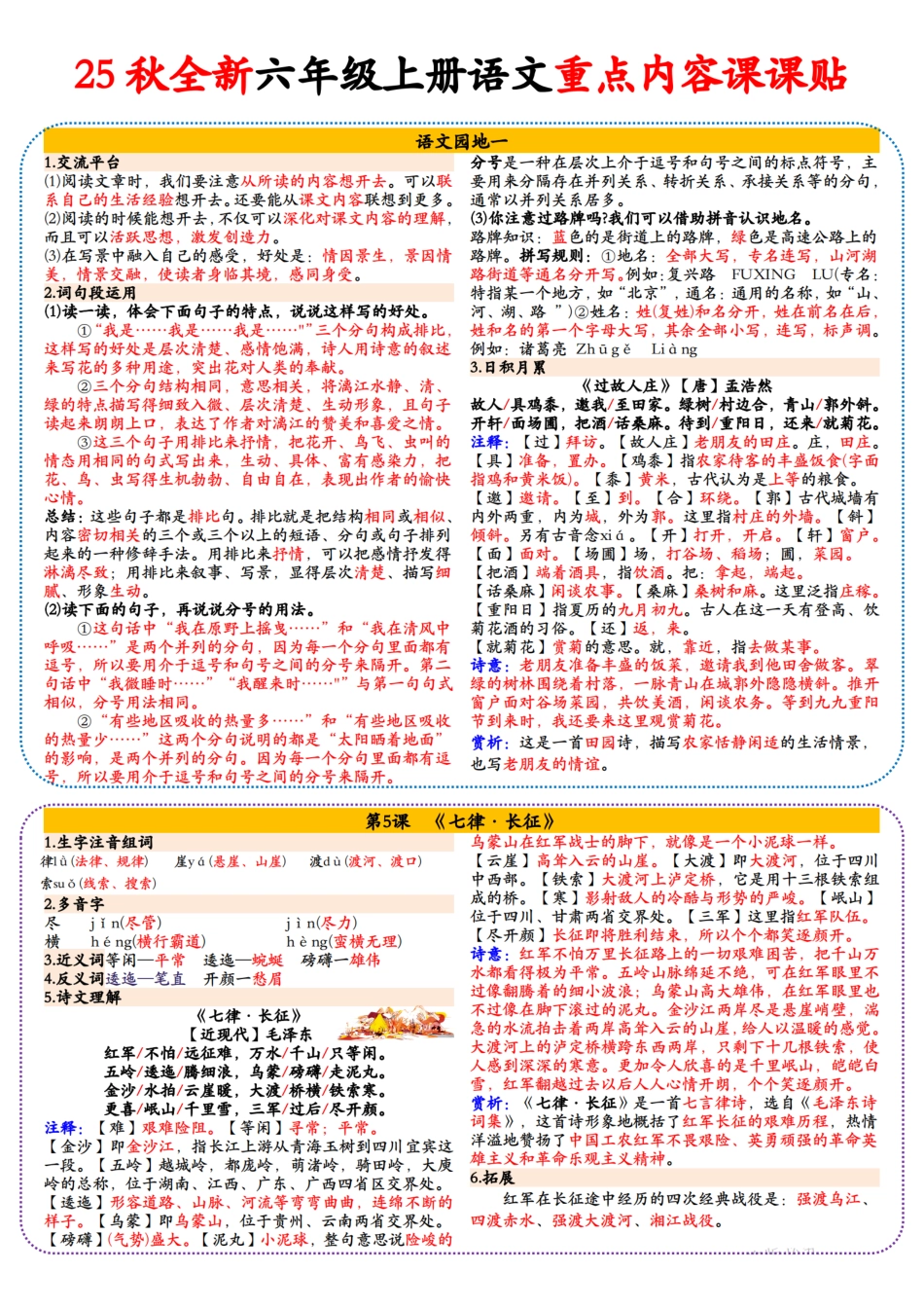 25秋全新六年级上册语文重点内容课课贴（18页）.pdf