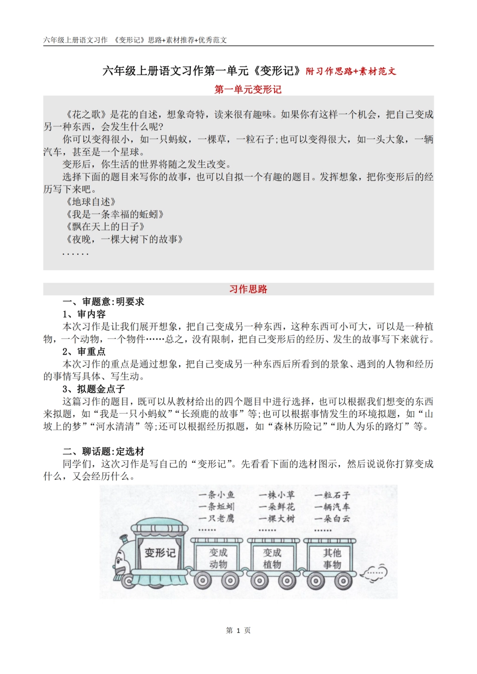 【第一单元习作 《变形记》思路+素材推荐+优秀范文》】六上语文.pdf