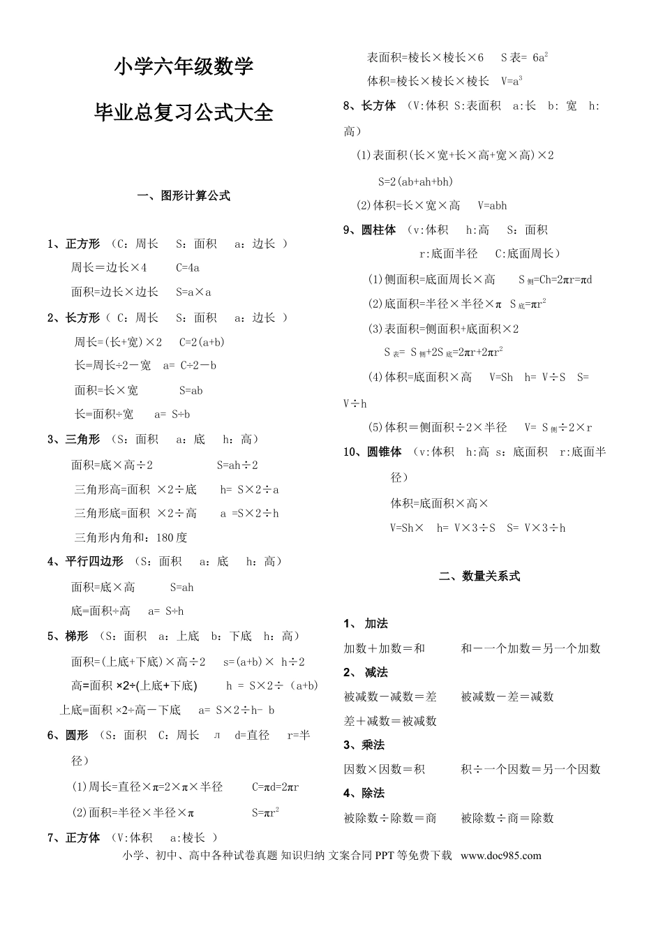 六上数学【毕业总复习公式大全】.doc