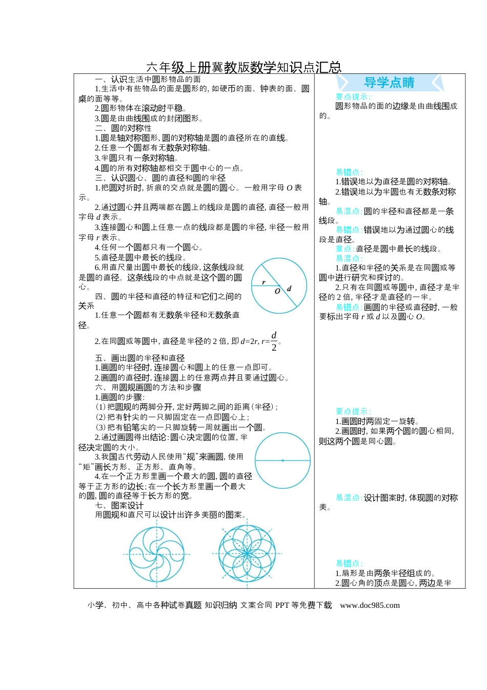 六（上）冀教版数学知识点汇总.docx