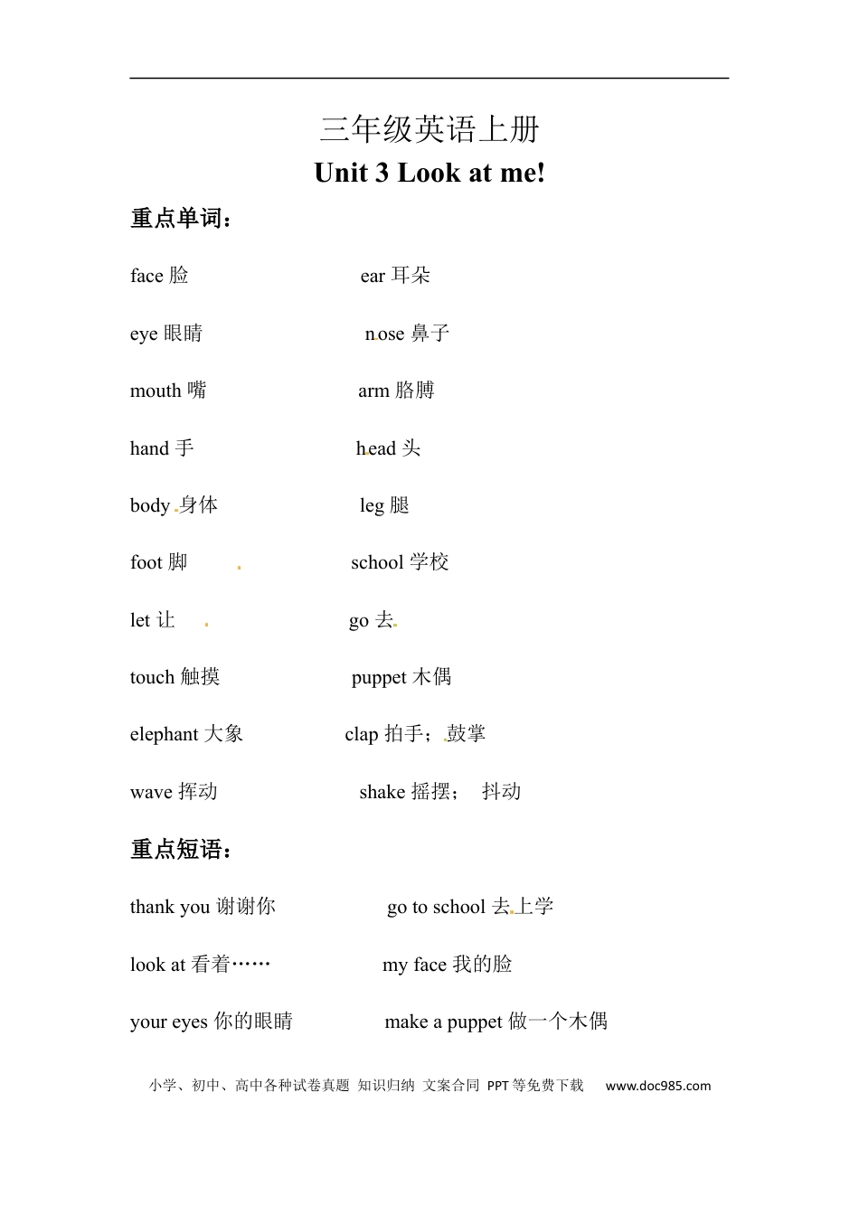 小学英语3上人教PEP单元知识点总结- Unit 3 Look at me.docx