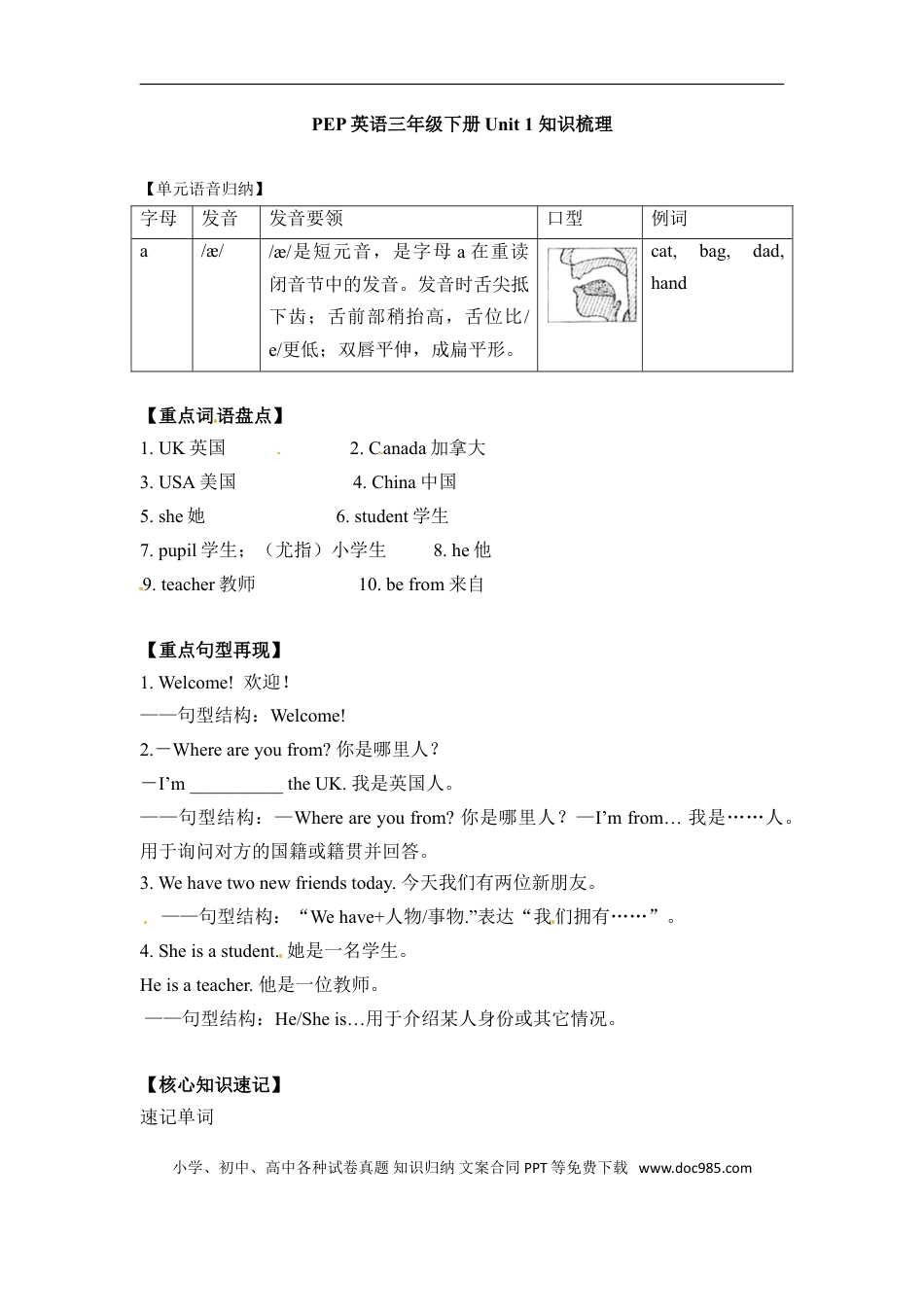 小学英语3下人教PEP单元知识点总结-Unit 1 Welcome back to school.doc
