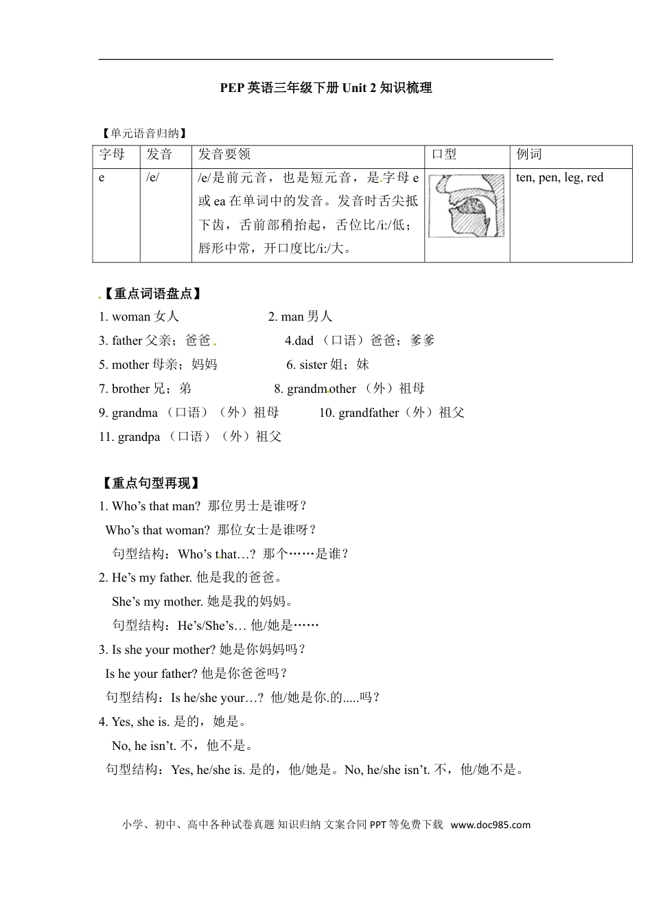 小学英语3下人教PEP单元知识点总结-Unit 2  My family.doc
