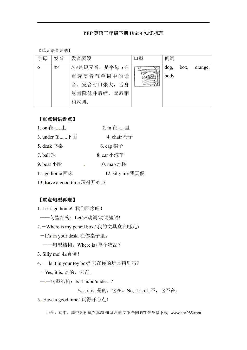 小学英语3下人教PEP单元知识点总结-Unit 4 Where is my car.doc