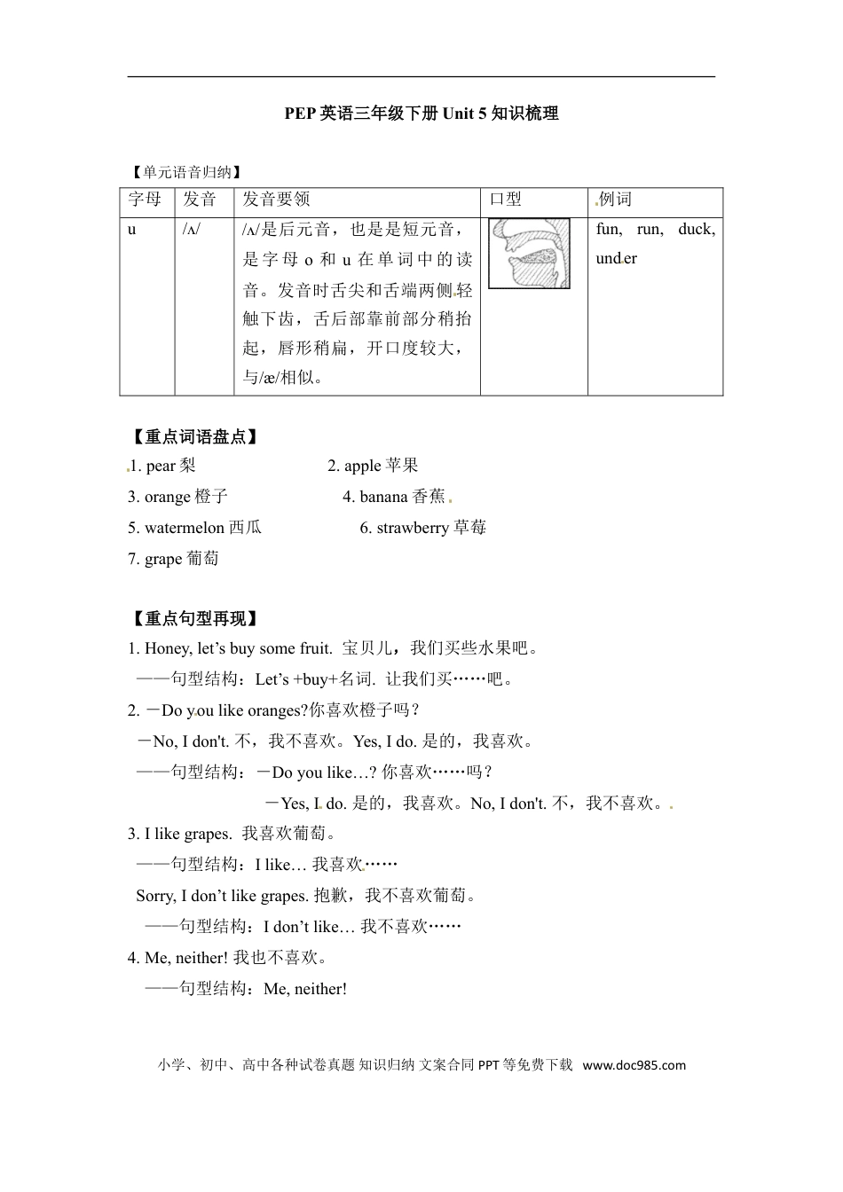 小学英语3下人教PEP单元知识点总结-Unit 5 Do you like pears.doc
