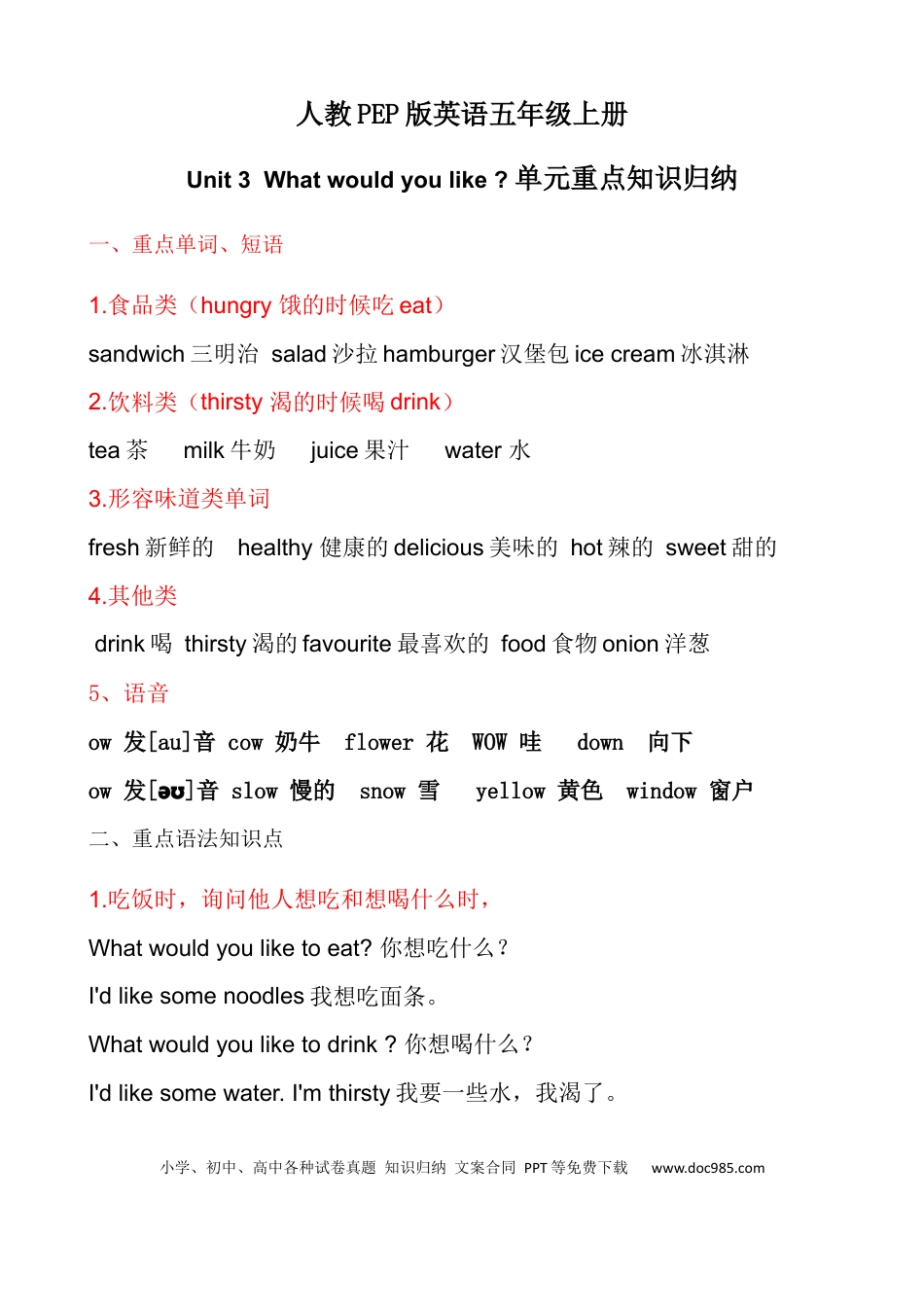 小学英语5上人教PEP单元知识点总结-Unit 3  What would you like.docx