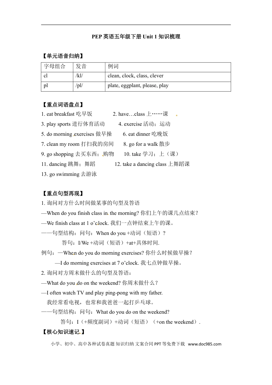 小学英语5下人教PEP单元知识点总结-Unit 1 My day.doc