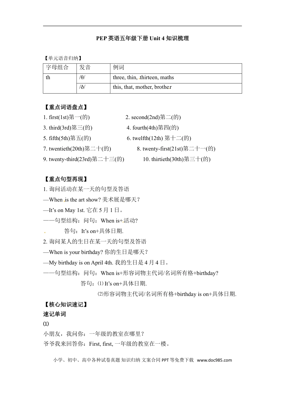 小学英语5下人教PEP单元知识点总结-Unit 4 When is the art show.doc