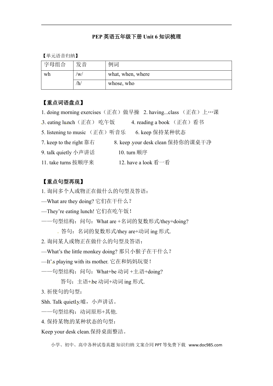 小学英语5下人教PEP单元知识点总结-Unit 6 Work quietly.doc