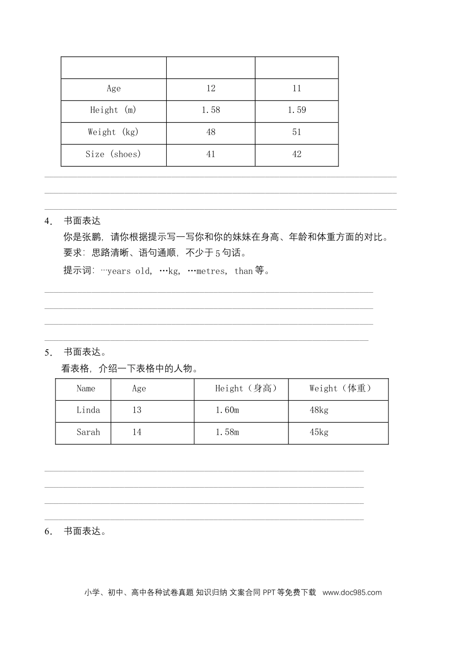 【书面表达 】六年级英语下册 Unit1 How tall are you 题型专项训练 人教PEP版（含答案）(1).docx