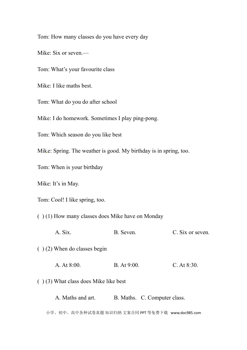 【阅读】英语六年级下册 Unit2 Last weekend专项检测卷 人教版PEP（含答案）(1).doc