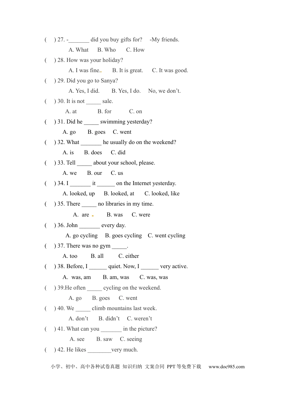 六年级下册英语期末专项卷-单选  人教PEP（word版，含答案）(1).docx