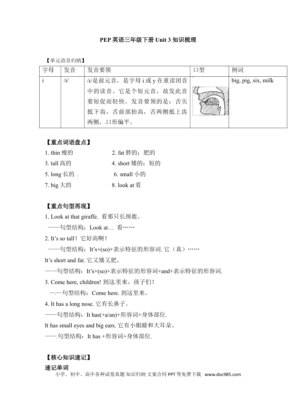 三年级下册英语单元知识梳理-Unit 3  At the zoo  人教PEP(1).doc