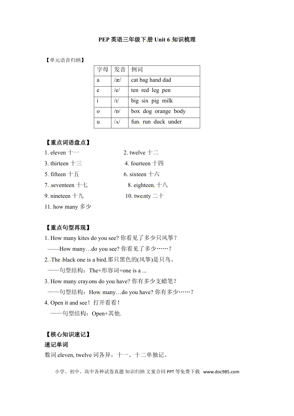 三年级下册英语单元知识梳理-Unit 6 How many 人教PEP(1).doc