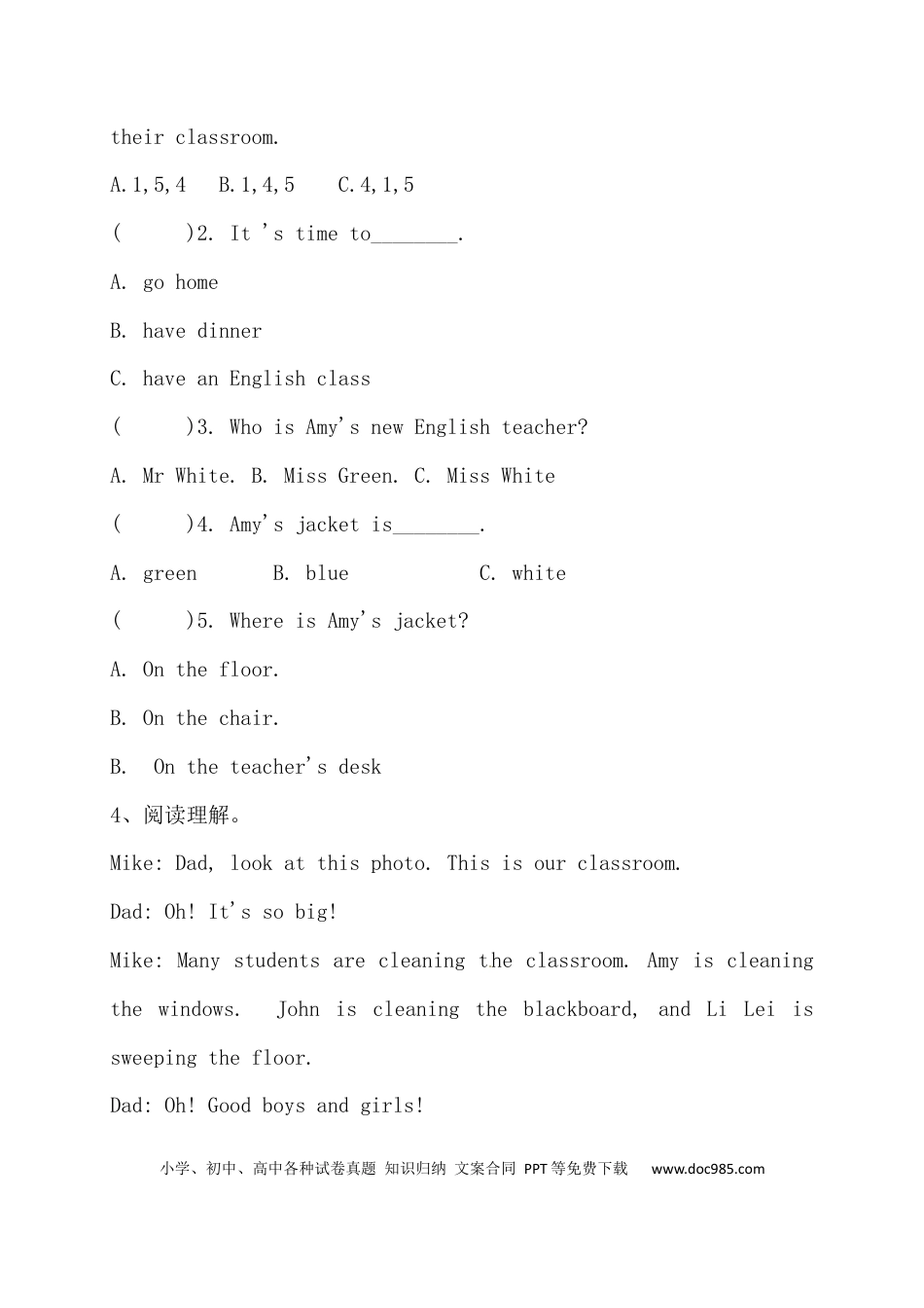 【阅读专项】人教版PEP 四年上册英语期末阅读专项测试卷（一）（含答案）(1).docx