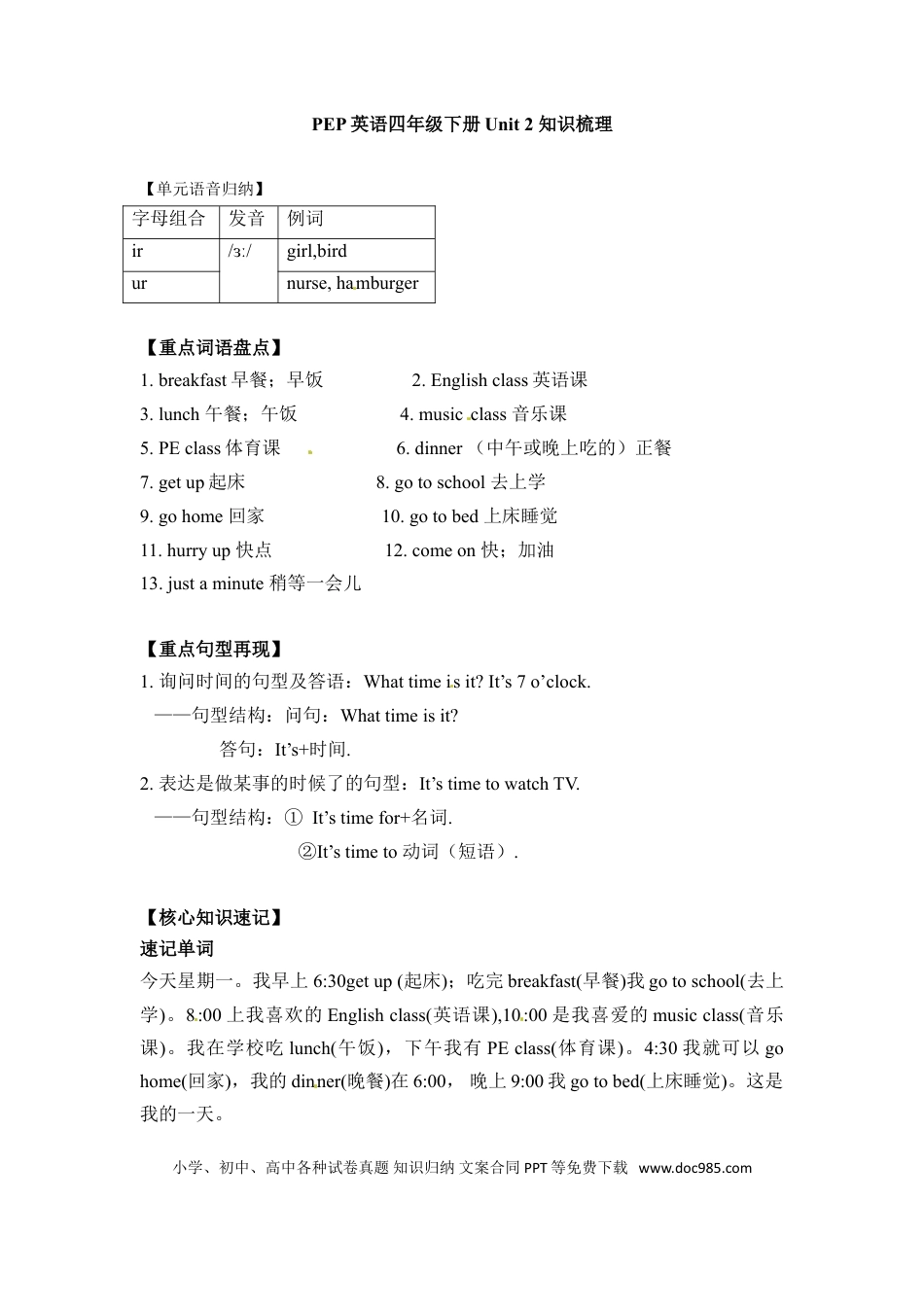 【完美】四年级下册英语单元知识梳理-Unit 2 人教PEP(1).doc