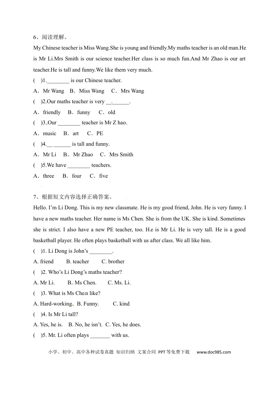 【单元专项】人教PEP版五年级上册英语-Unit 1 What’s he like 阅读（含答案）(1).docx